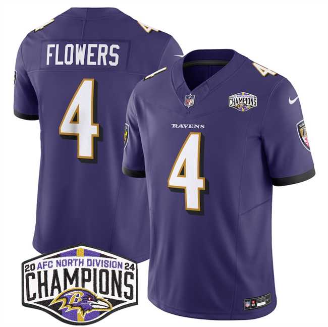 Men%27s Baltimore Ravens #4 Zay Flowers Purple F.U.S.E 2024 AFC North Division Champions Vapor Limited Jersey